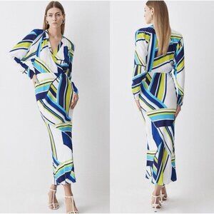 Karen Millen Bold Stripe Collared Batwing Maxi Dress Women 8 Wedding Guest Long